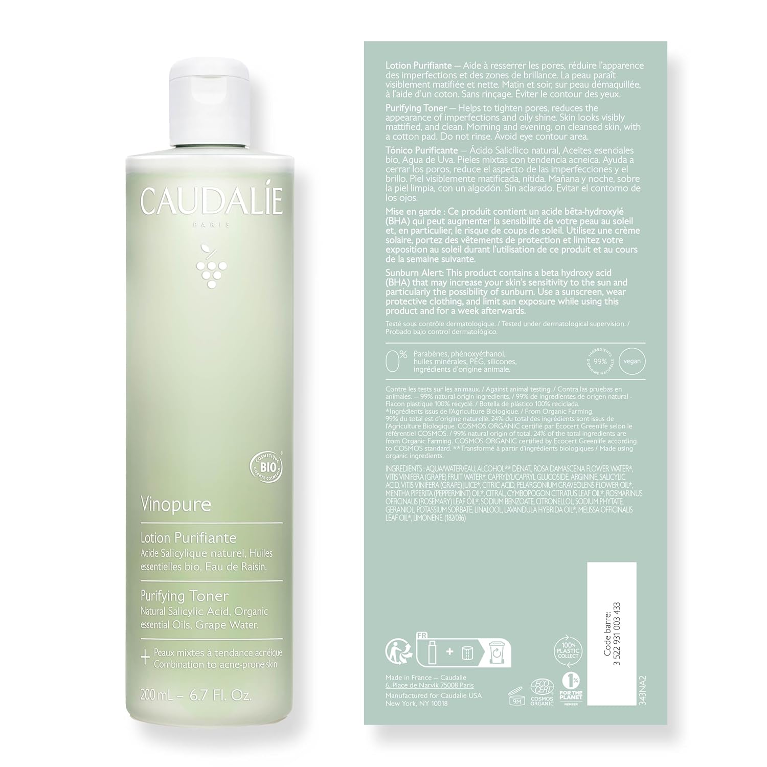 Revitalize Your Skin with Caudalie Vipure Purifying Toner - 200 Ml for a Fresh, Clear Complexion